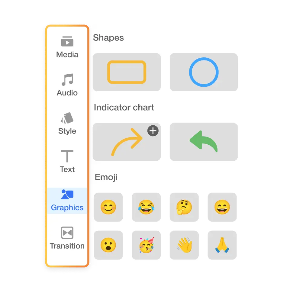 Screenshot of Visla's graphics tool, showing options to add shapes, emojis, and other visual elements to video content.